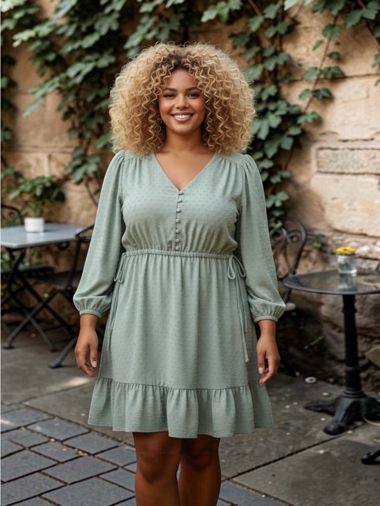 Addition Elle Dresses & Skirts - Addition Elle Sage Swiss Dot Long Sleeve Ruffle Dress, 3X